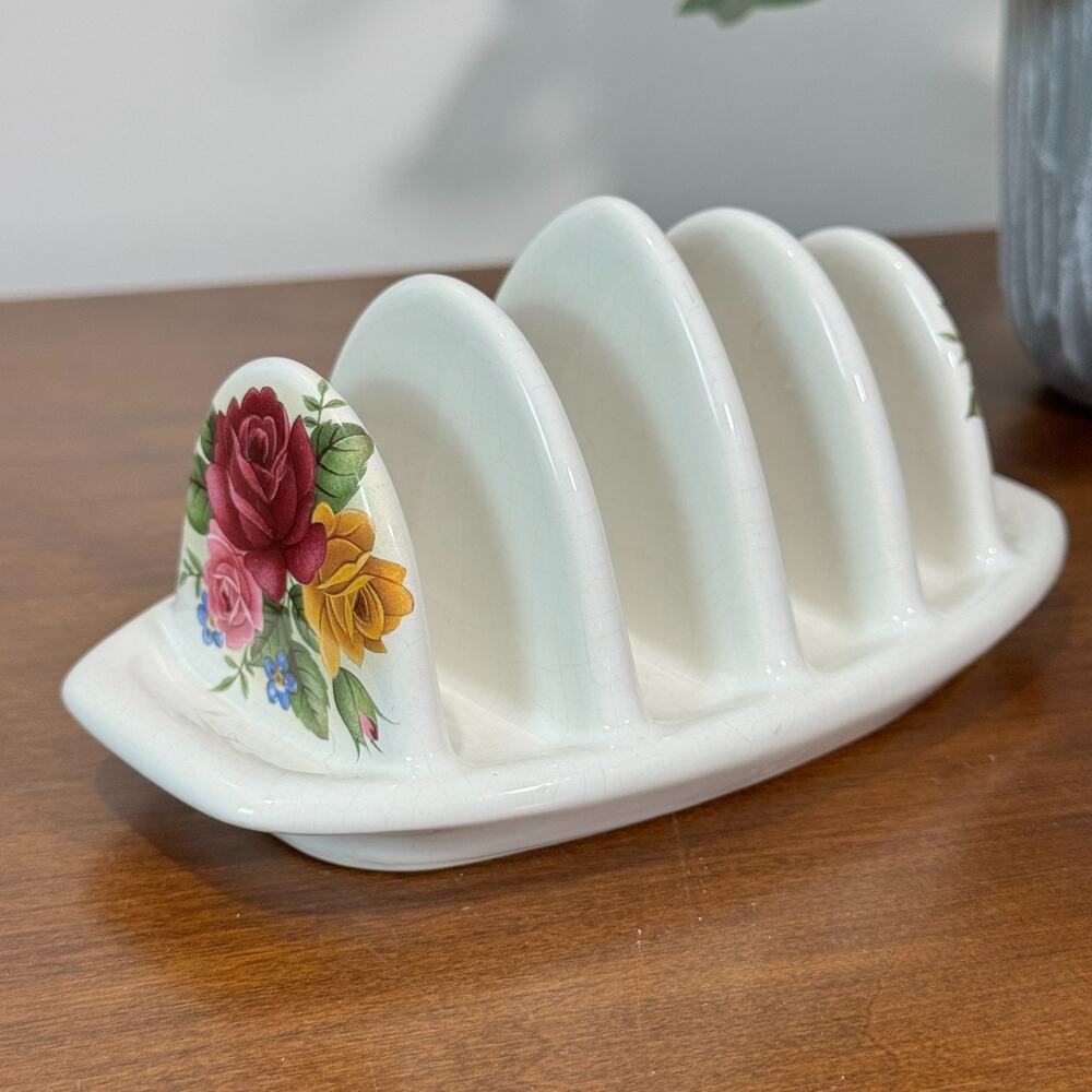 Vintage Porcelain Toast Rack Floral Roses Pattern Crazed White 4 Slot Caledonia